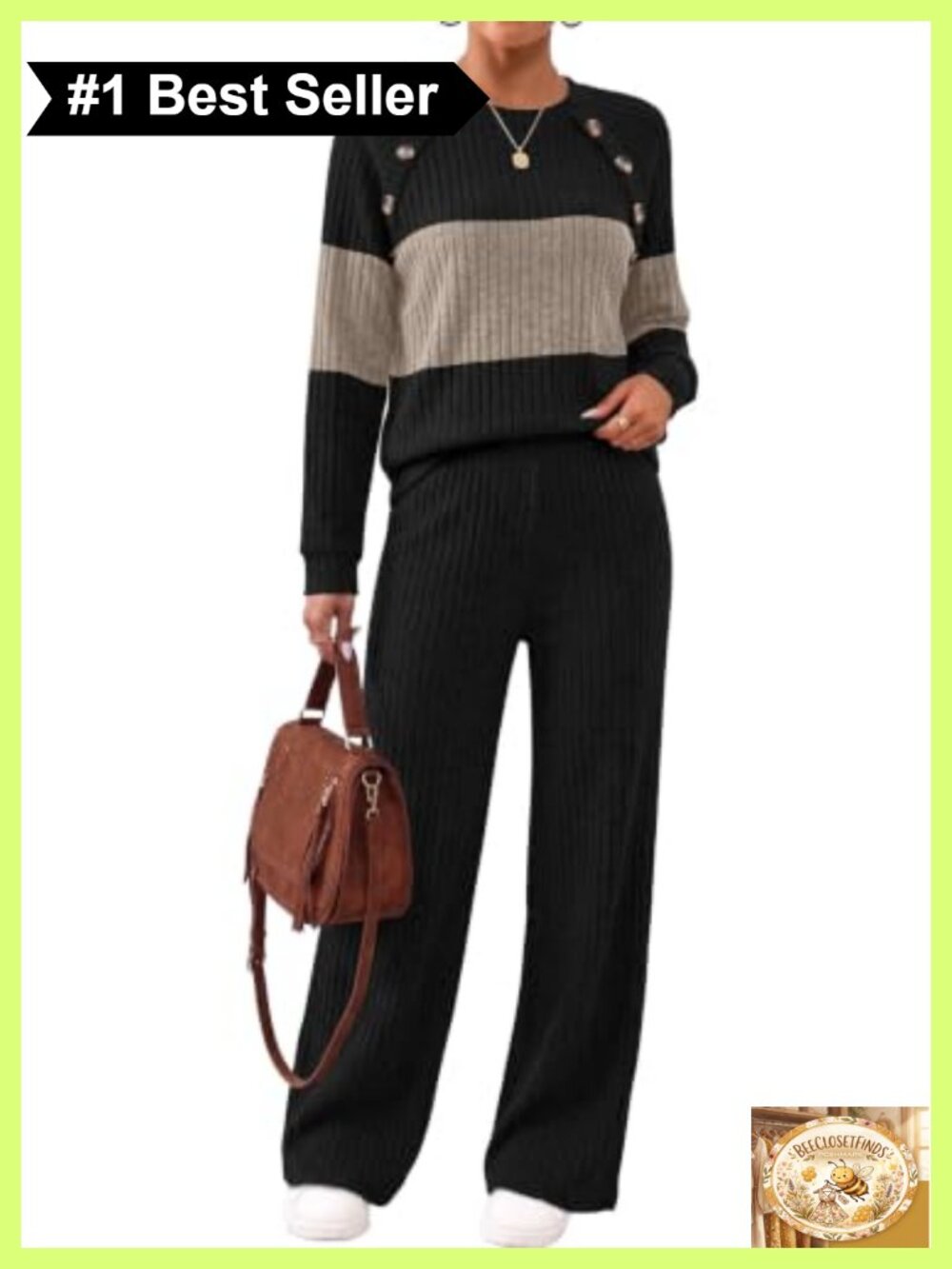 WIHOLL Women 2 Piece Lounge Set Button Ribbed Long Sleeve Pant Set